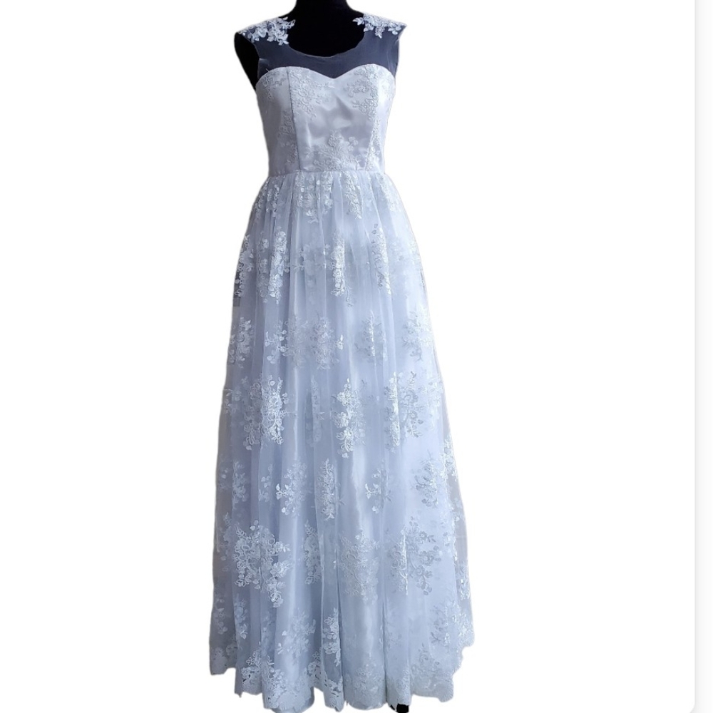 Sleeveless lace overlay full length wedding dress